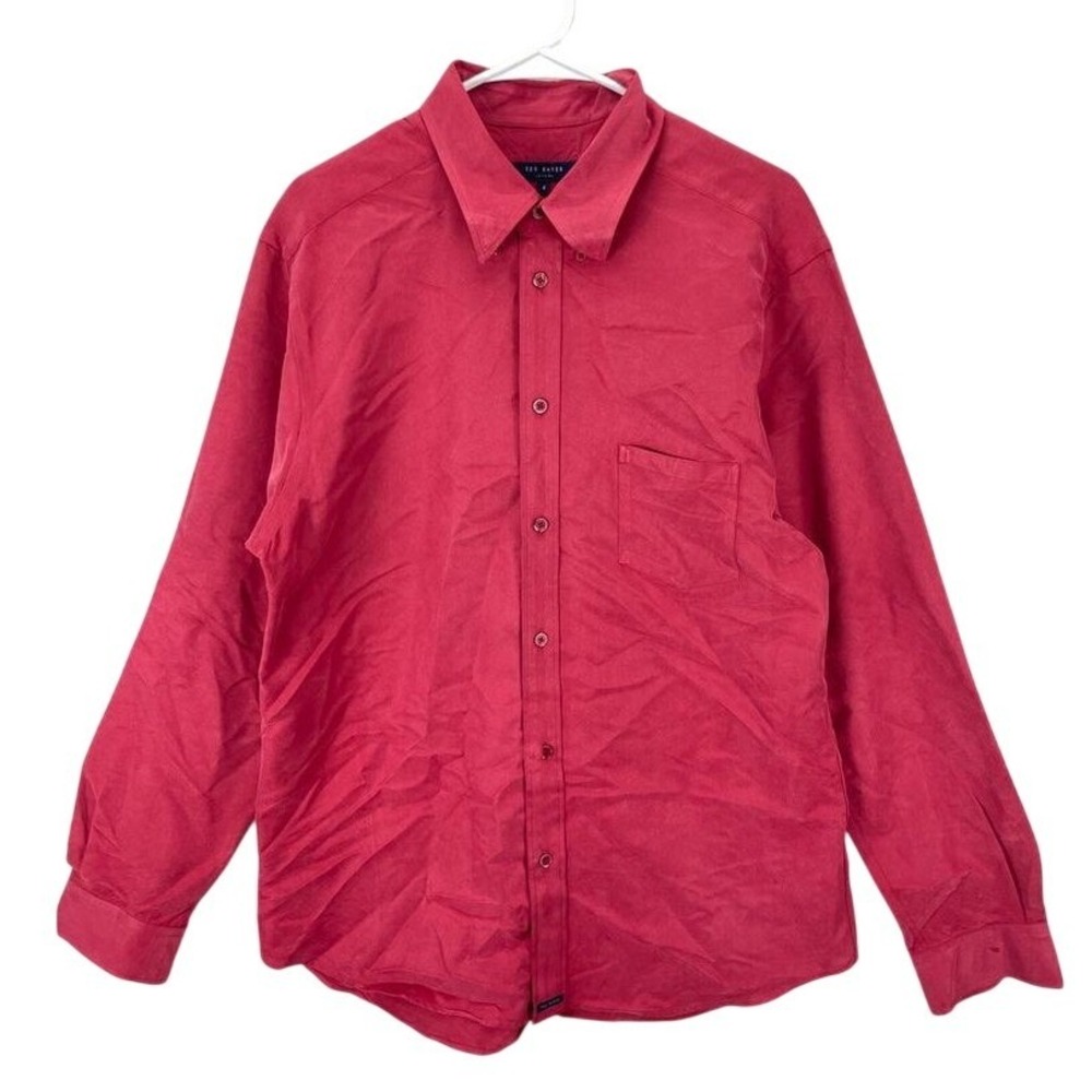 Ted Baker London Mens Size 4 L Red Button Up Long Sleeve Shirt Solid Pocket